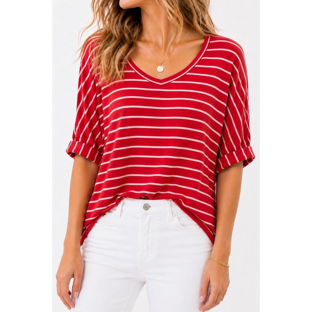 MELLODAY Red White Striped Top V Neck Casual Soft Stretch Tee NWT | Large